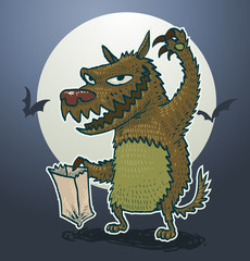 Vector werewolf. Cartoon image of the werewolf brown color with a paper bag in the background of the night sky, full moon and bats. In the theme of Halloween.
