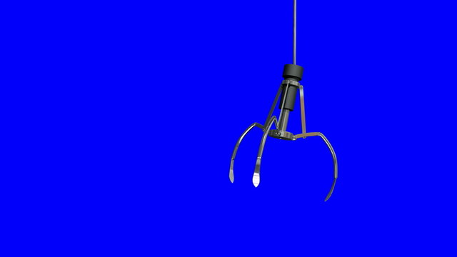 An arcade type robotic claw swinging across the camera and dipping down to pick something up on a blue screen background