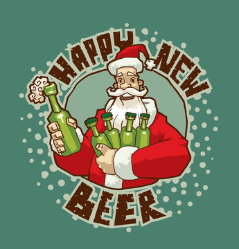 Vector Santa with bottles of beer. Banner happy new beer with a picture of Santa in red with bottles of beer in his hands on blue background. The text is written in the curves.