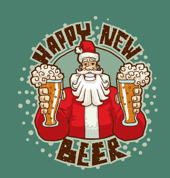 Vector Santa with glasses of beer. Banner happy new beer with a picture of Santa in red with glasses of beer in his hands on blue background. The text is written in the curves.