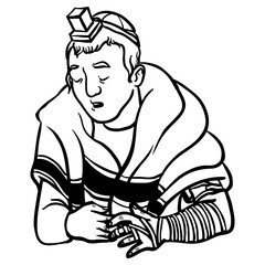 jewish man praying and put on tfilin. vector illustration