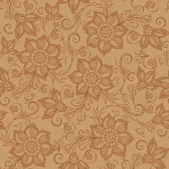 Henna Mehendi Tattoo Doodles Seamless Pattern on a brown back