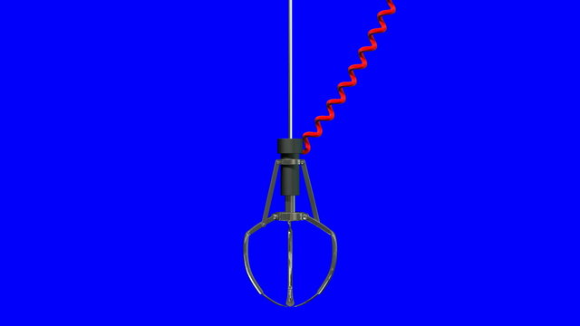 An arcade type robotic claw swinging across the camera and dipping down to pick something up on a blue screen background