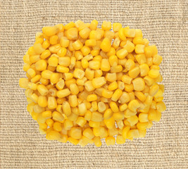 Sweet yellow corn grain on burlap cloth