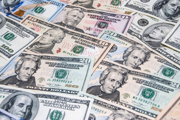 set of american dollar bills as background