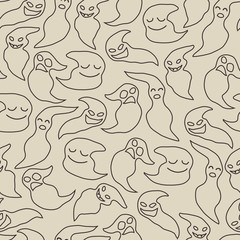 Seamless pattern with cute silhouette of cartoon ghosts on a white background. For use as a halloween decoration.