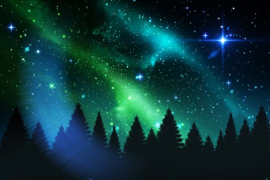 Aurora shimmering over forest at night