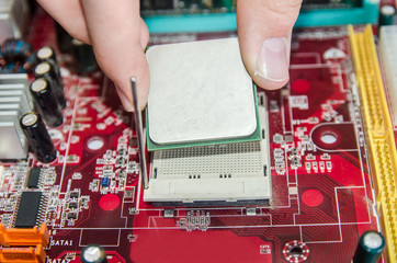 close up electronic circuit board with processor