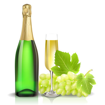 Vector champagne bottle, glass and grape. Created with gradient