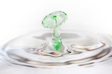 Beautiful image of a green drop of water colliding with another, creating a beautiful umbrella