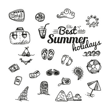Collection of vector outlined summer icons isolated on white