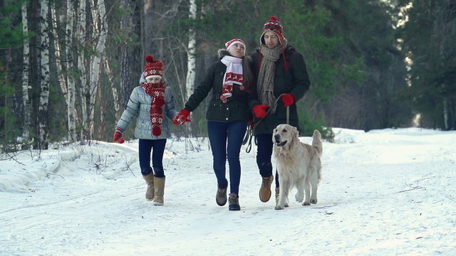 Lovely family with golden retriever talking on a winter stroll  