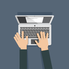 Flat design illustration of hands using laptop