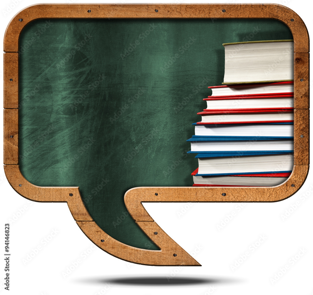 Poster blackboard and books - speech bubble shaped / empty blackboard with wooden frame in the shape of a s