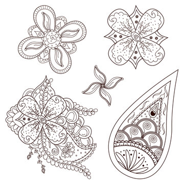 Set of abstract flowers and paisley elements in Indian mehndi style. Hand drawn floral doodles. Orient traditional background design. Ethnic pattern. Template for mehndi ornament. Vector illustration.