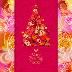 Square Christmas greeting card with bright Christmas tree 