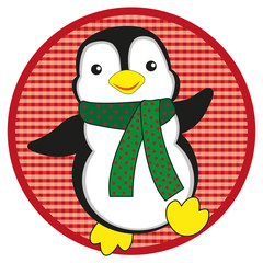 Penguin with scarf on red button on white background