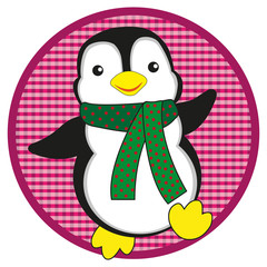 Penguin with scarf on pink button on white background