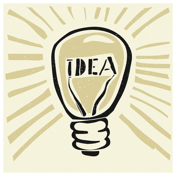 Idea concept illustration. Lightbuld with rays and "Idea" word.