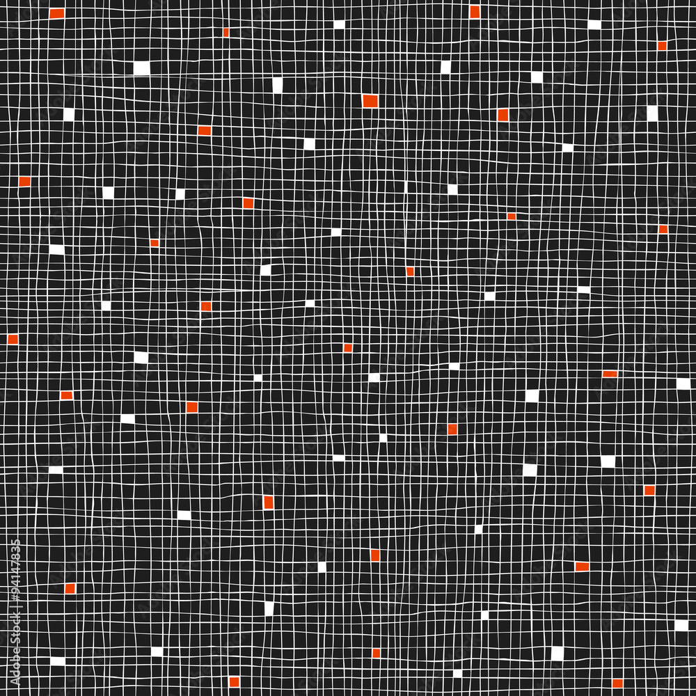 Poster seamless cell hand-drawn pattern on black with red squares