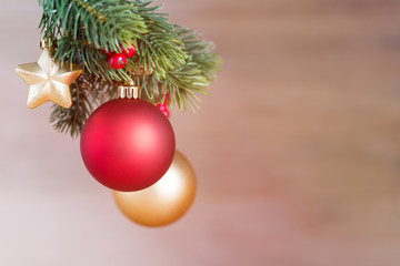 hanging christmas balls detail on a fir branch