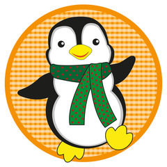 Penguin with scarf on orange button on white background