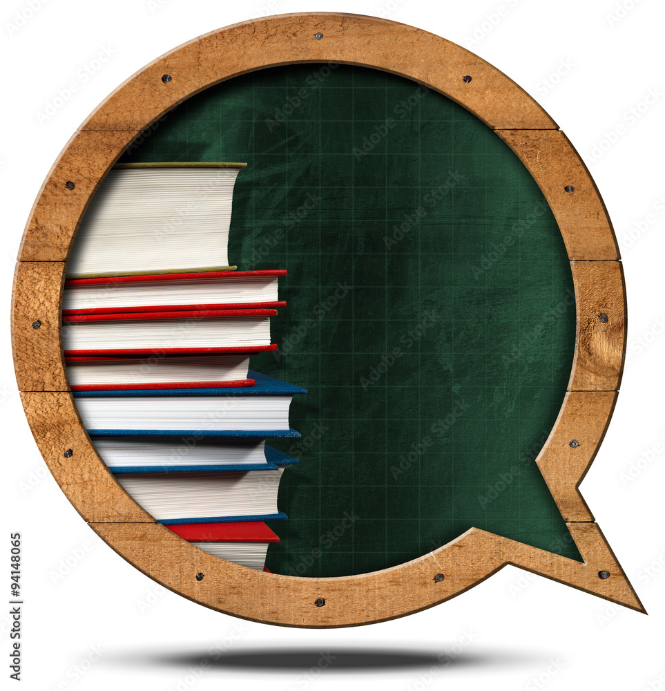 Poster blackboard and books - speech bubble shaped / empty blackboard with wooden frame in the shape of a s