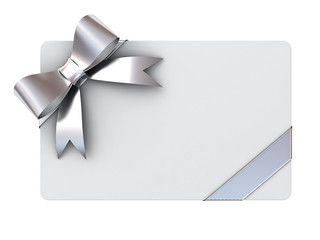 Blank gift card with silver ribbons and bow isolated on white background