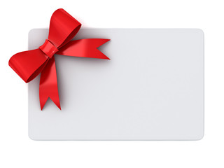 Blank gift card with red ribbons and bow concept isolated on white background