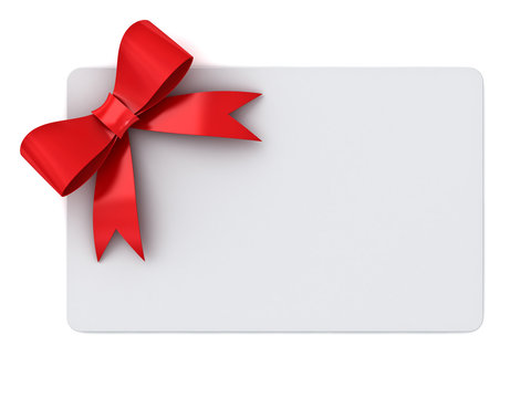 Blank gift card with red ribbons and bow concept isolated on white background