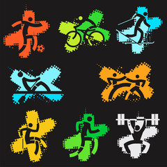 Sport grunge icons.
Set of colorful grunge icons with sport activities on the black background. Vector  available.
