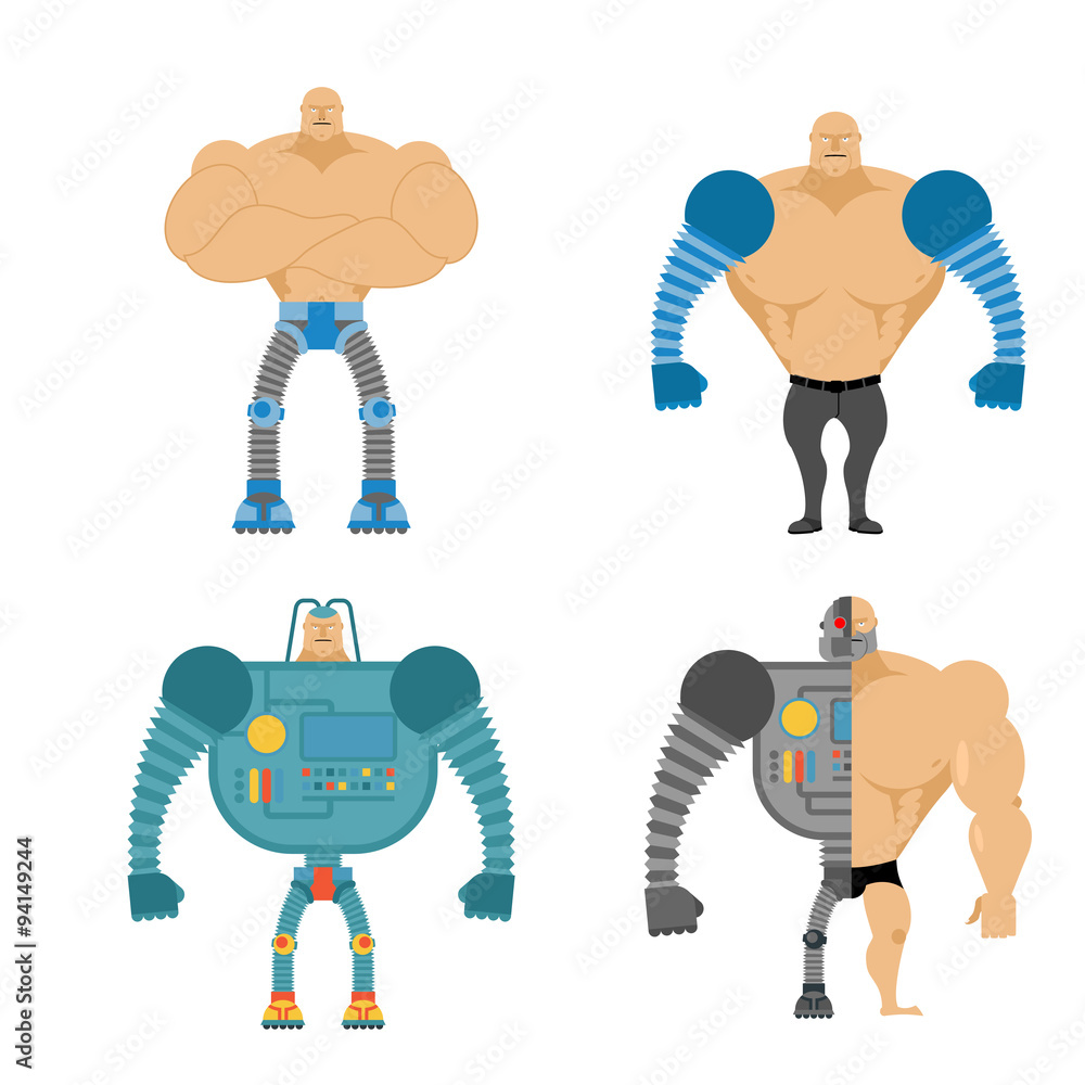 Poster set of cyborgs. people with mechanical limbs. robotic bionic bo