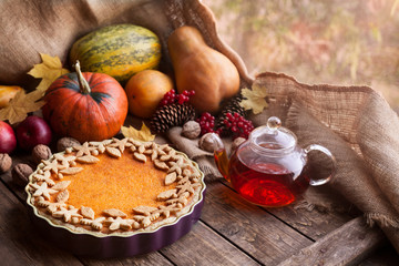 Fototapeta na wymiar Traditional homemade pumpkin tart pie healthy sweet dessert