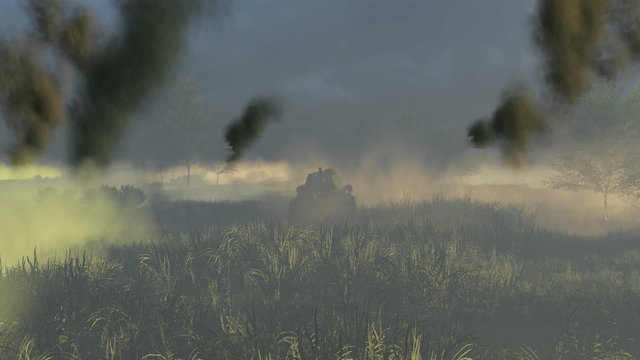 Legendary russian tank T 34 at the battlefield moves forward and approaching close up to the camera. Realistic three dimensional animation.