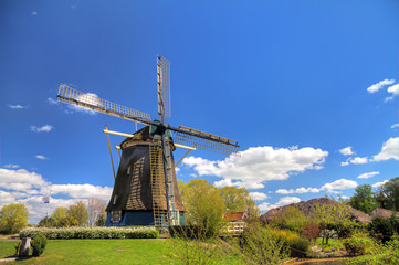 Fototapeta na wymiar Dutch windmill the 'Riekermolen' near the Amstel park in Amsterdam, the Netherlands. hdr