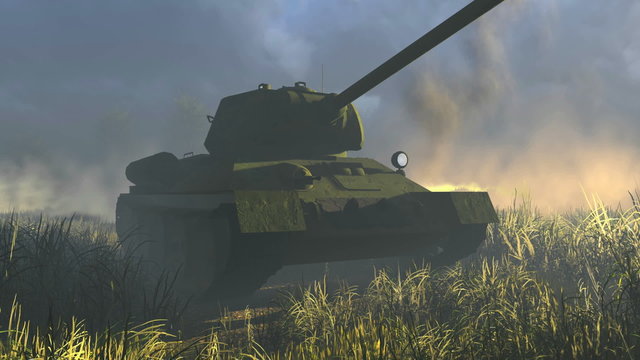 Close up front view of legendary russian tank T 34 at the battlefield. Realistic three dimensional animation.