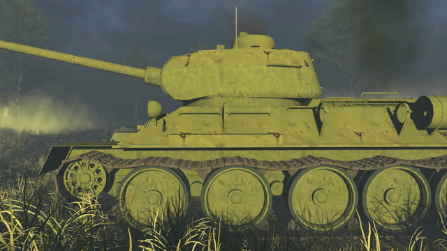 Close up side view of the legendary russian tank T 34, main battle tank time of World War II. Realistic three dimensional animation.