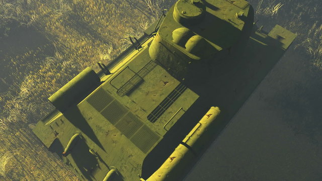 Top view of the legendary tank T 34, russian main battle tank time of World War II. Realistic three dimensional animation.