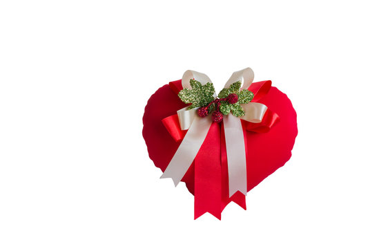 (with clipping path) Isolated red heart with ribbon on white background  for new year or valentine gift and love concept picture decoration 