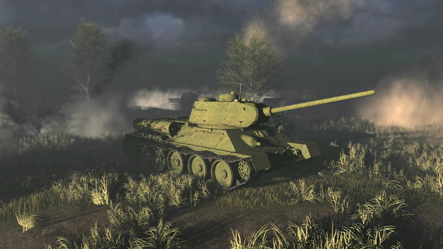 Historical reconstruction of the Second World War time - legendary russian tanks T 34 at the battlefield. Realistic three dimensional animation.