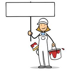 Frau als Malerin hält Schild hoch