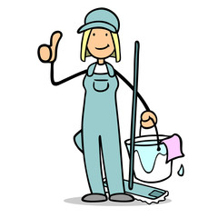 Frau als Putzfrau hält Daumen hoch