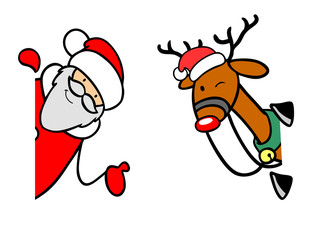 Weihnachtsmann und Rentier schauen um Ecke