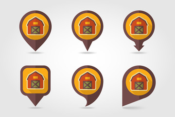 Barn house flat mapping pin icon with long shadow