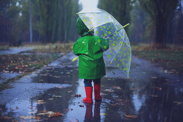 Baby walking in autumn rainy park