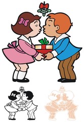Two young people sharing a present under the mistletoe