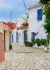 Fototapeta premium A beautiful street in Afionas Garden Village, Corfu, Greece.