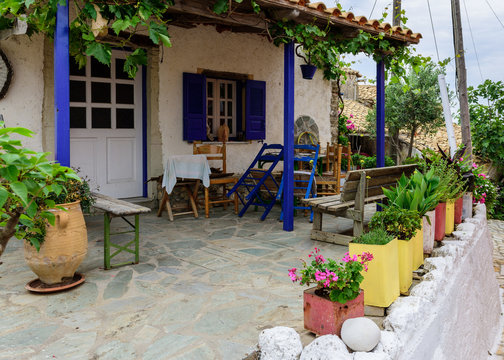 Afionas garden village little street, Corfu, Greece.