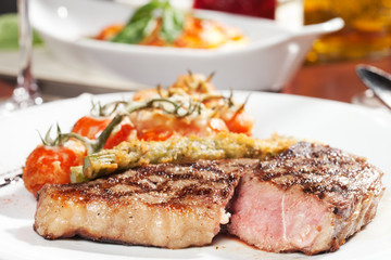 barbecue with sauce and vegetables