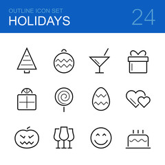 Holidays vector outline icon set - Christmas tree, decorations, cocktail, gift, candy, Easter egg, hearts, Halloween pumpkin, stemware, smile and birthday cake